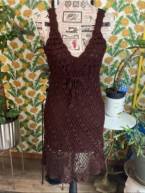 Brown Crochet Knit Sleeveless Dress
